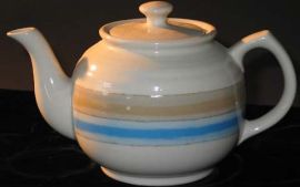 STONEWARE TEAPOT-BLUE & ALMOND BORDERS