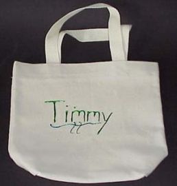 IVORY CANVAS TOTE BAG WITH TIMMY IN GREEN LETTERING